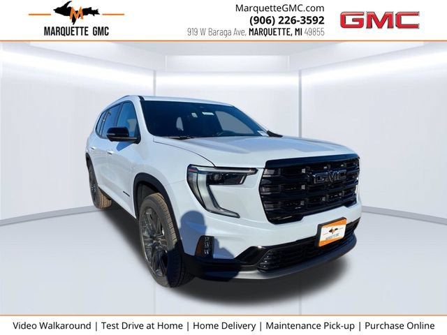 2026 GMC Acadia Elevation in Glacier White Tricoat — front three-quarter view
