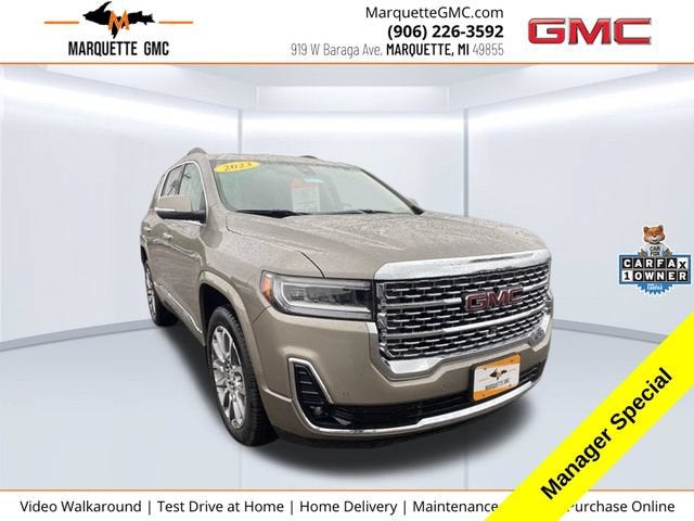 2023 GMC Acadia Denali in Light Stone Metallic — front three-quarter view