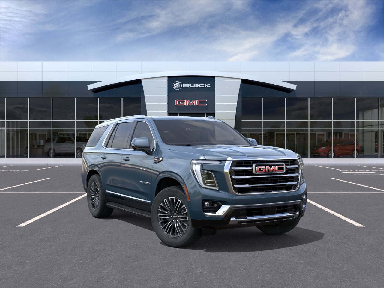 2026 GMC Yukon Elevation in Downpour Metallic — front three-quarter view